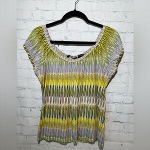 New York & Company size large pullover graphic top in yellow, greens & blue